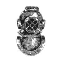 sketch hand drawing of old diving helmet. Transparent background. Etching scribble engraving illustration. png