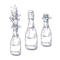 Green glass bottles with champagne, with a blank white label, open, closed and with a flying cork and splashes. Graphic illustration hand drawn in black ink. Set of isolated objects EPS . vector