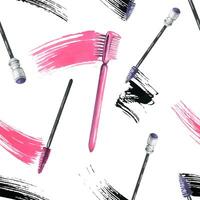 Brushes for combing eyelashes and eyebrows with a smear of black and pink paint, mascara. Watercolor illustration, hand drawn. Seamless pattern on a white background vector