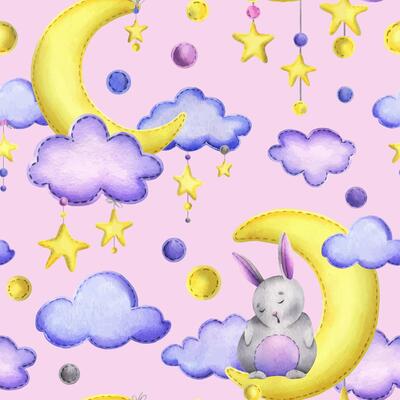A cute gray bunny stitched sits and sleeps on a yellow moon with hanging stars, dots, clouds. Watercolor illustration, hand drawn. Seamless pattern on a pink background