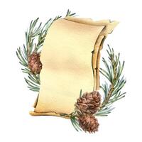 Blank template for text from craft sheets decorated with pine branches and cedar cones. Watercolor illustration New Year Christmas hand drawn. Sublimation isolated from background. vector