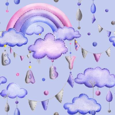 A stitched rainbow with clouds and letters BABY, garland flags, dots hanging from ropes in blue, purple and pink. Cute hand drawn watercolor illustration. Seamless pattern on a lilac background