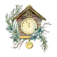 Wooden antique clock with pendulum and dial in the form of a house with fir branches, snowberry. Watercolor illustration New Year Christmas hand-drawn. Sublimation isolated from the background. vector