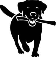 Black and white dog with a stick in its mouth vector