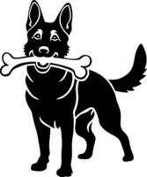 A black and white dog with a bone in its mouth vector