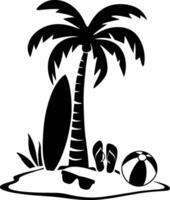 A black and white silhouette of a palm tree and surfboard vector