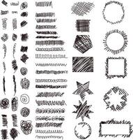 Strikethroughs, doodles, squiggles set, and frames. Collection of sixty three freehand drawn black doodles, doodle frame, scribbles on white background. Large set of handwritten symbols and signs vector