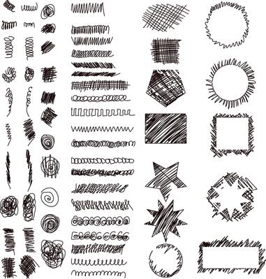 Strikethroughs, doodles, squiggles set, and frames. Collection of sixty three freehand drawn black doodles, doodle frame, scribbles on white background. Large set of handwritten symbols and signs