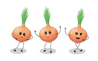 Set of cute onions in kawaii style on a white background, perfect for fun illustrations, children's products, and playful designs. vector