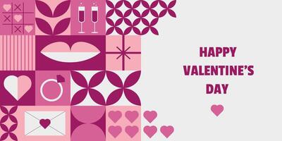 Happy Valentine's Day greeting card with a geometric mosaic pattern. Horizontal banner or poster design in illustration format, perfect for love-themed events. vector