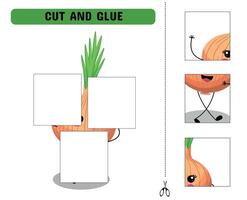 A fun cut and glue game for preschool children featuring a cute onion character. Printable sheet perfect for interactive learning and crafting activities. vector