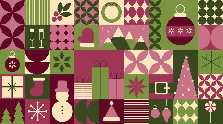 Merry Christmas and Happy New Year. Mosaic geometric horizontal Christmas pattern for wrapping paper, greeting cards, invitations, scrapbooking.