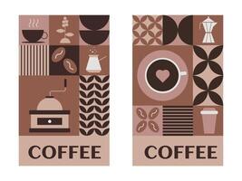 A set of banners on a coffee theme. Geometric abstract posters with coffee elements such as coffee beans, coffee grinder, and more. vector