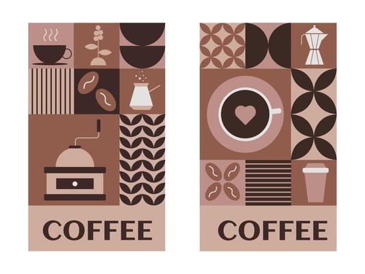 A set of banners on a coffee theme. Geometric abstract posters with coffee elements such as coffee beans, coffee grinder, and more.