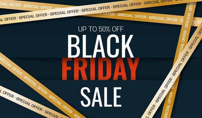 Black Friday Sale horizontal banner with golden crossed ribbons and text. Simple background for advertising, social media posts, promotion, web banners. Modern discount background.