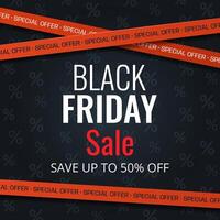 Black Friday Sale square banner with red warning tapes and text. Abstract simple background for advertising, social media posts, promotion, web banners. Modern discount background. vector