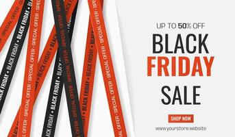 Black Friday Sale horizontal banner with warning tapes and text. Simple background for advertising, social media posts, promotion, web banners. Modern discount background. vector