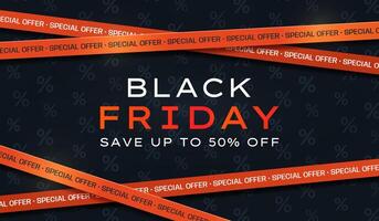 Black Friday Sale horizontal banner with red warning tapes and text. Abstract simple background for advertising, social media posts, promotion, web banners. Modern discount background. vector
