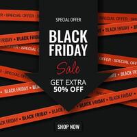 Black Friday Sale square banner with red warning tapes, arrow and text. Abstract simple background for advertising, social media posts, promotion, web banners. Modern discount background. vector