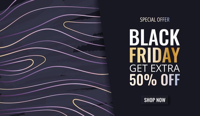 Black Friday Sale horizontal banner with brush strokes, lines and text. Abstract simple background for advertising, social media posts, promotion, web banners. Modern discount background.