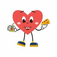 heart is groove style and holds slice of pizza and juice. Retro sticker for Valentine's Day on February 14th. A cute character for birthday greetings. vector
