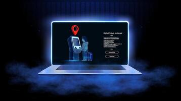 A laptop with a map of the world on it, with a red dot on it vector