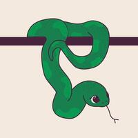 Cute snake hanging from the shelf. Decorative element for decorating corners, flat surfaces. Symbol of the new year. Illustration vector