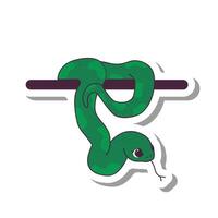 Sticker of cute snake hanging from the shelf. Decorative element for decorating corners, flat surfaces. Symbol of the new year. Illustration vector