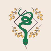 Cute snake wriggles decorative branches around. Symbol of Chinese New Year 2025. Illustration in retro style vector