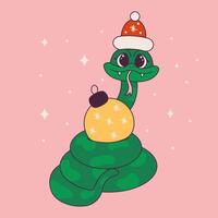 Cute snake in Santa Claus hat with Christmas tree toy. Symbol of Chinese New Year 2025. Illustration in retro groovy style vector