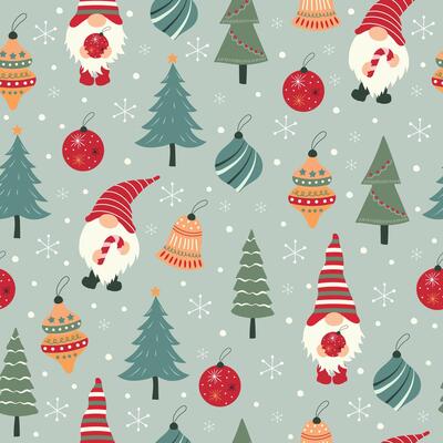 Christmas seamless pattern with gnomes, fir tree and snowflakes. Christmas print for wrapping paper, Christmas cards, scrapbooking.