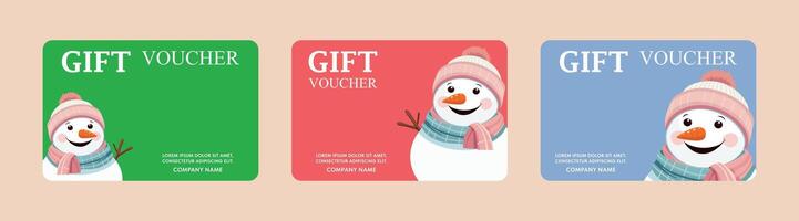 A set of colorful gift certificates with a snowman for New Year and Christmas. vector