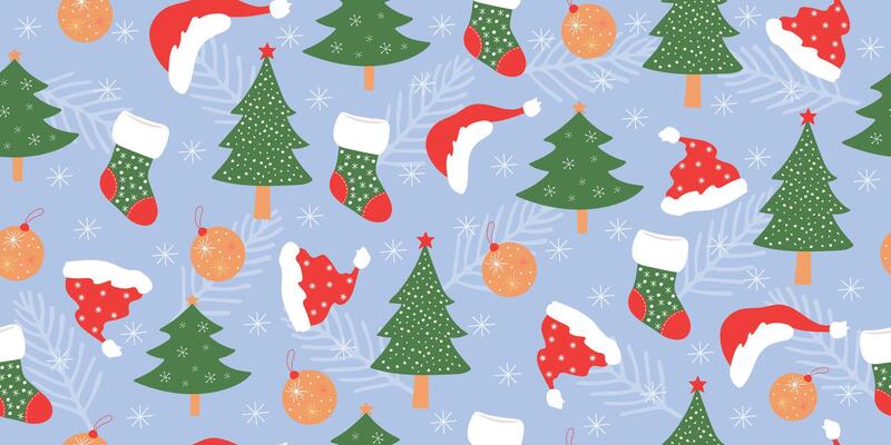 Christmas seamless pattern with fir trees, Santa hat, snowflakes and New Year's stocking. Winter background for fabric, packaging, wallpaper, cover.