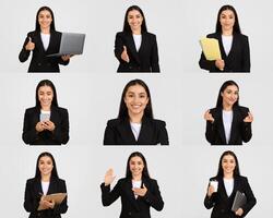 A professional woman is captured showcasing a range of expressions and activities, from presenting a laptop to holding papers and a cup. She wears a black suit and engages in dynamic poses photo