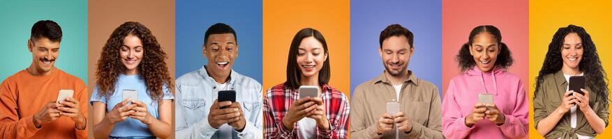 A group of seven friends, featuring diverse backgrounds, are smiling and focused on their smartphones. The vibrant background colors reflect a joyful indoor atmosphere. photo