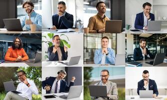A diverse group of professionals is seen engaging in virtual meetings, showcasing different expressions of enthusiasm and focus. The individuals are situated in various work environments photo