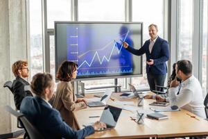 A businessman stands in front of a large screen displaying a blue line graph that is trending upward, pointing to screen with a pen as he explains positive results to a group of attentive colleagues photo