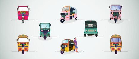 Set of three wheelers auto-rickshaw illustrations of India. with rickshaw paint on it. front view of tuk-tuk vector