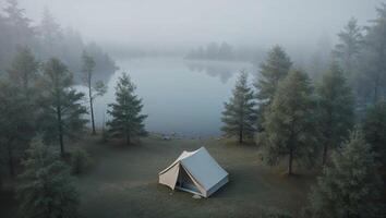 A tent is set up in the middle of a foggy forest photo