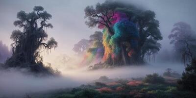 A forest with colorful trees and fog photo