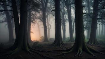 A forest with trees and fog at sunset photo