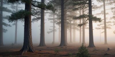 A forest with trees and fog in the background photo