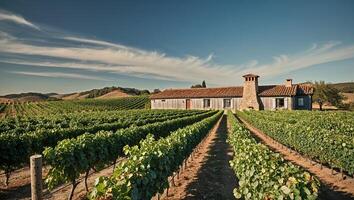 A vineyard with a house in the middle of it photo