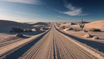 A desert road with a cactus in the middle photo