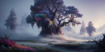 A tree with colorful leaves and fog in the background photo