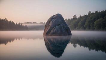 A rock sits in the middle of a lake with fog photo