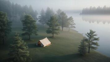 A tent is set up on the grass next to a lake photo