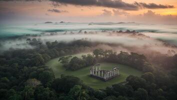 A view of the sunrise over a forest and a temple photo