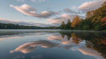 A lake with trees and clouds reflected in it photo