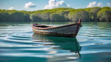 A boat floating on the water with trees in the background photo